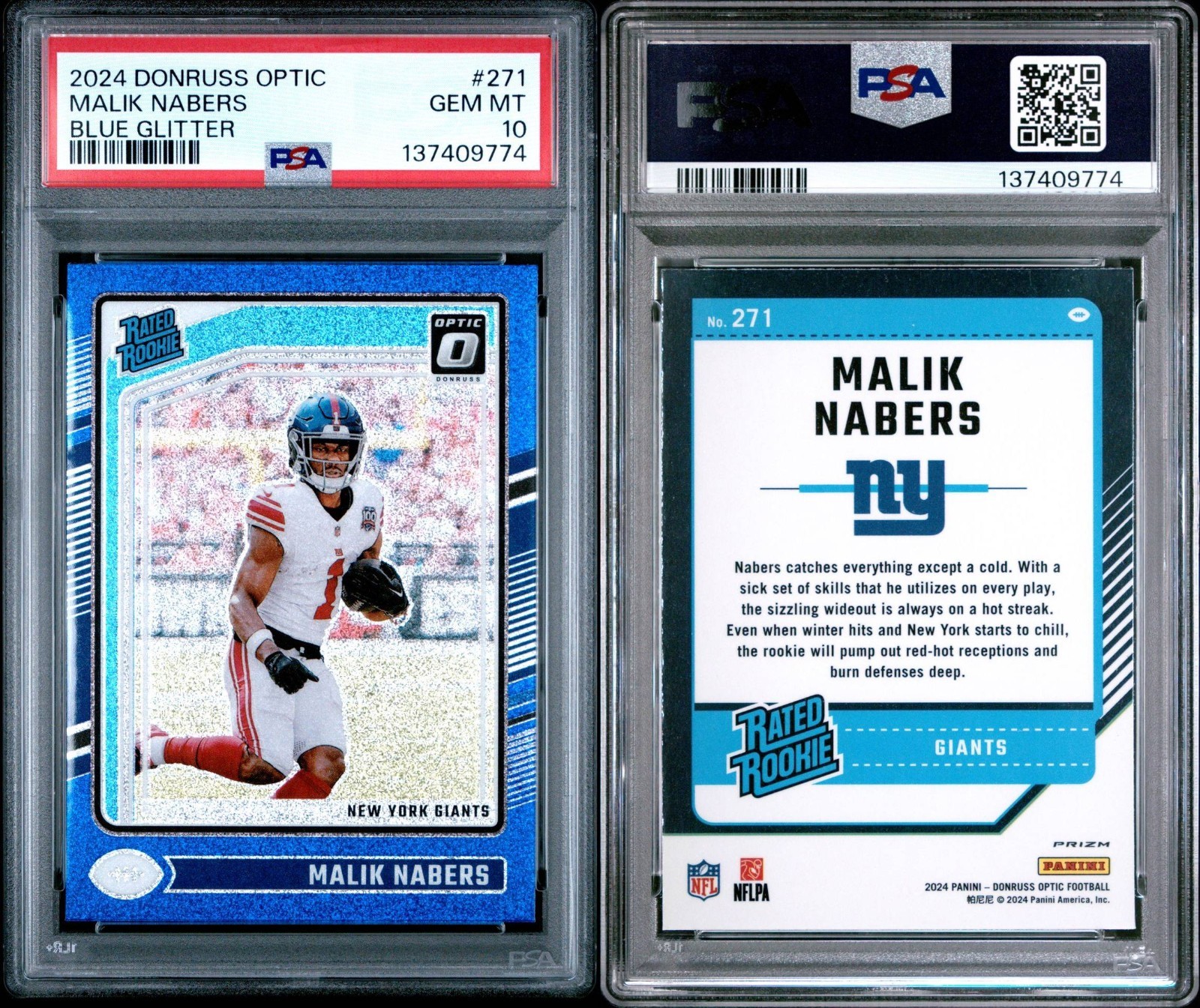 2024 Panini Optic Rated Rookie Malik Nabers #271 Blue Glitter Prizm PSA 10
