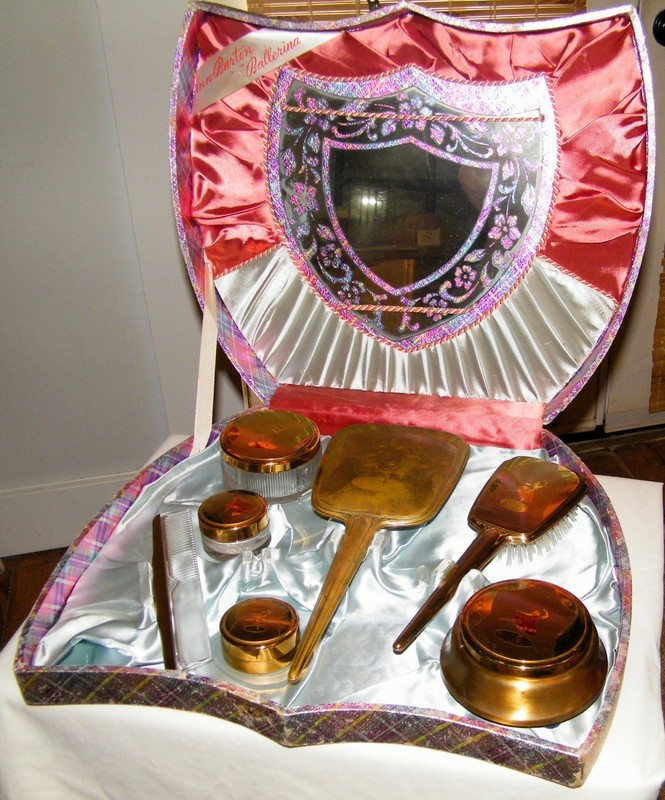 Vtg 8Pc ANN BARTON BALLERINA BOXED VANITY SET Music Box-Jars-Mirror-Brush-Comb