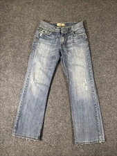 BKE Justin Jeans Mens 30x32 Blue Bootcut Distressed Embroidered Buckle Denim