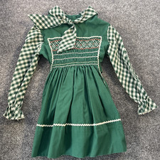 Vintage Polly Flinders Dress Girls 4 Green Smocked Long Embroidered Christmas