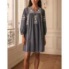 Roller Rabbit Abigail Dress Size Medium Boho Embroidered Blue White Cotton Tunic