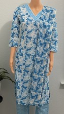 Blue Floral Cotton Women Kurta Style 2 Piece Outfit Set L, Top  Pants