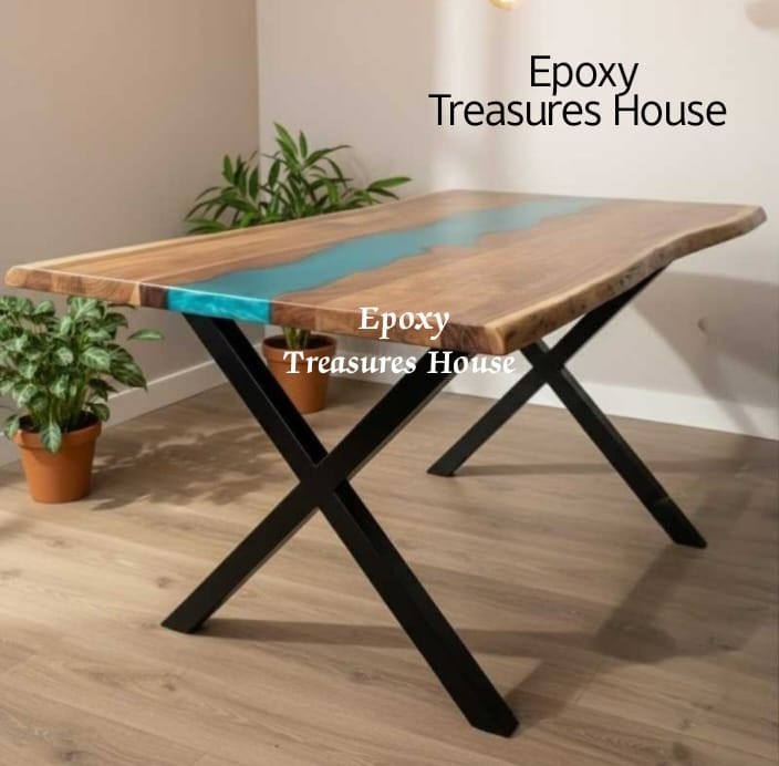 Handmade Wood Epoxy River Dining Table Top | Solid Live Edge Wooden Slab | Blue-image