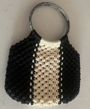Vintage Macrame Purse Handbag Black And White with Round Handle 1970's Style