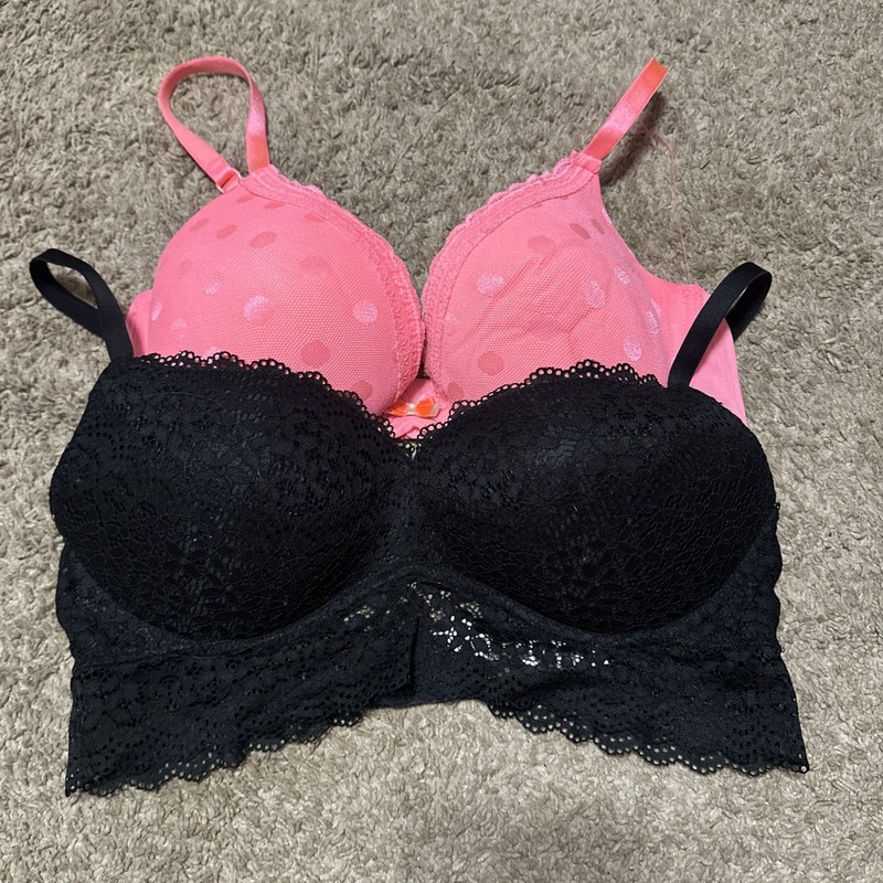 Xhilaration Lace Push Up Bras Underwire 38C Pink Polka Dot +  Black Lace