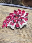 Eisenberg Signed Vintage Silver Tone Flower Brooch Pin, Red Glass