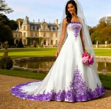 White/Purple ALine Wedding Dress Lace Applique Strapless Long Elegant Chic Satin