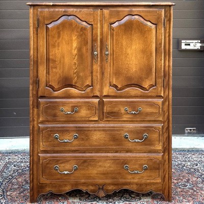 1980s Ethan Allen Country French Birch 6 Drawer Highboy Armoire