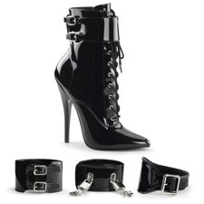 6" Black Patent Pinup Fetish Ballet Toe High Heels Lace Up Ankle Cuff Boots