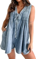 Womens Denim Shorts Romper Tie Front Sleeveless Jean Jumpsuit Loose Overall NEW
