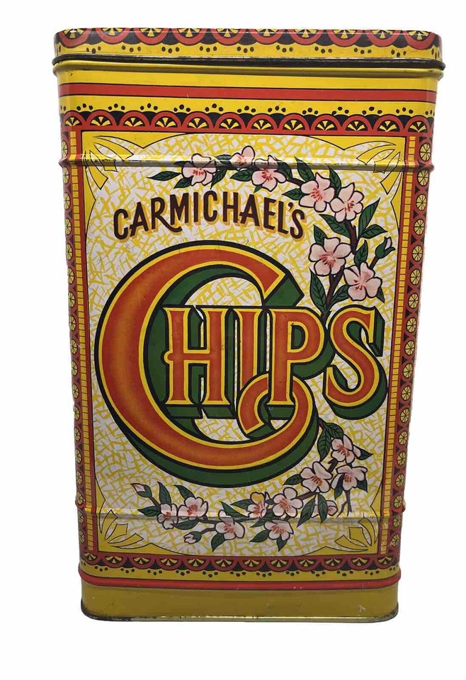 Vintage Carmichael's Chips Tin Retro Kitchen Canister 10 x 6.5 Hinged