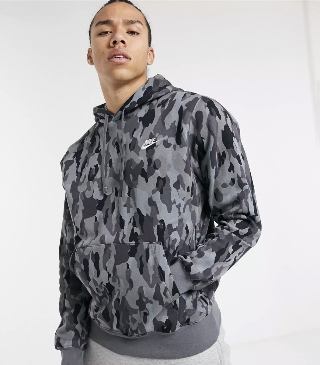 Nike Sportswear Men Medium Club Camo Grey Fleece Pullover Hoodie CU4339-010  New