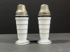 VTG Milk Glass with Black Stripes and Silver Top Salt & Pepper Shakers