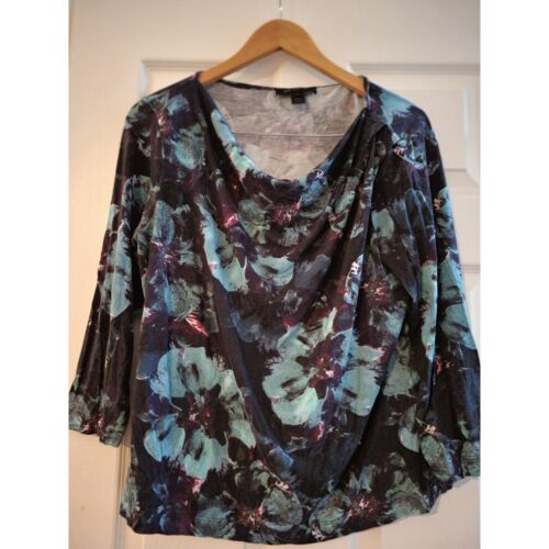 St. John Womens Black Blue floral print blouse top size Large cowl neck