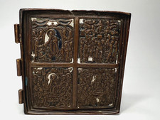 Antico pannello icona smaltata bronzo viaggio ortodosso 19c. Gesù Santi