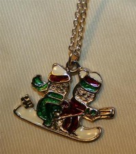 Red Green White Enamel Snowmen Skiing Christmas Holiday Pendant Necklace   
