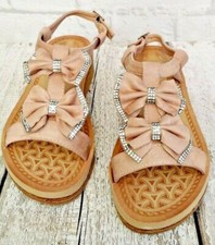 Ladies Low Heel Wedge Summer Bow Comfort Sandal Nude Pink blush Sizes 3 - 8