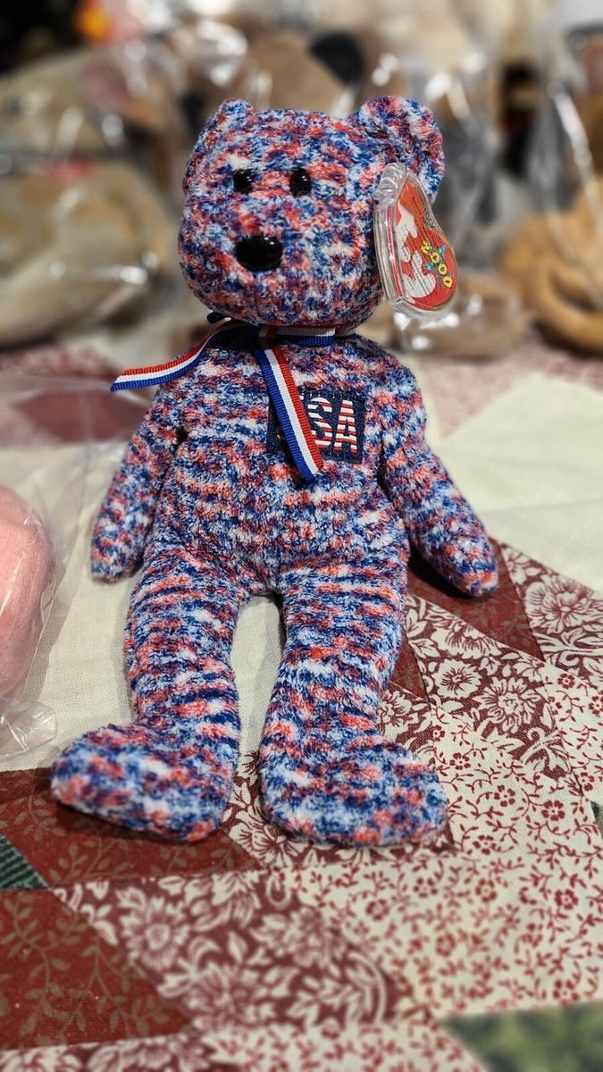 ty Beanie Babies USA Bear Red White Blue July 4, 2000 Hologram Tag