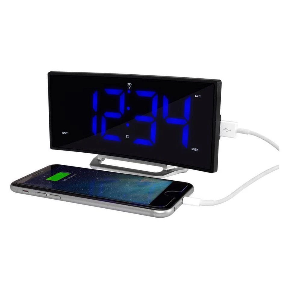 Dual Alarm Clock 1.8" W Curved Blue LED Atomic Large Digital Time Charging Port - Image 4 of 4