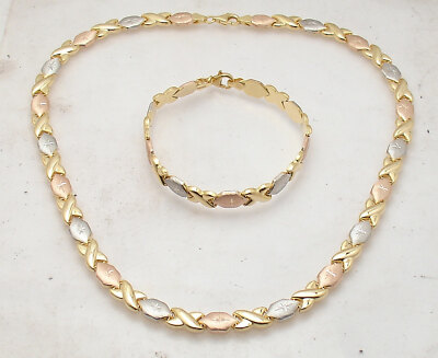 Diamond Cut Hug Kisses XOXO Bracelet Necklace Set 10K Tricolor Gold Clad  Silver