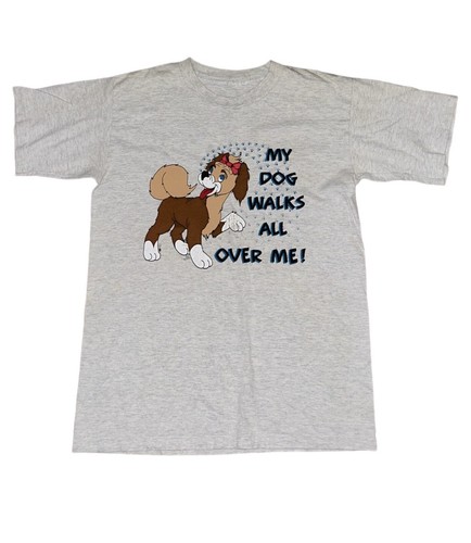 Vintage My Dog Walks All Over Me Puppy Dog Cartoon Animated T-shirt Size Small - Afbeelding 1 van 9