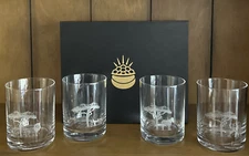 SET of 4 ETCHED CRYSTAL SAFARI LOWBALL GLASSES LION RHINO ELEPHANT and ZEBRA NIB