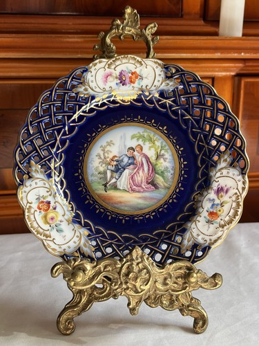 Meissen Dresden Reticulated Porcelain Cobalt Blue Hand Painted Portrait Plate.