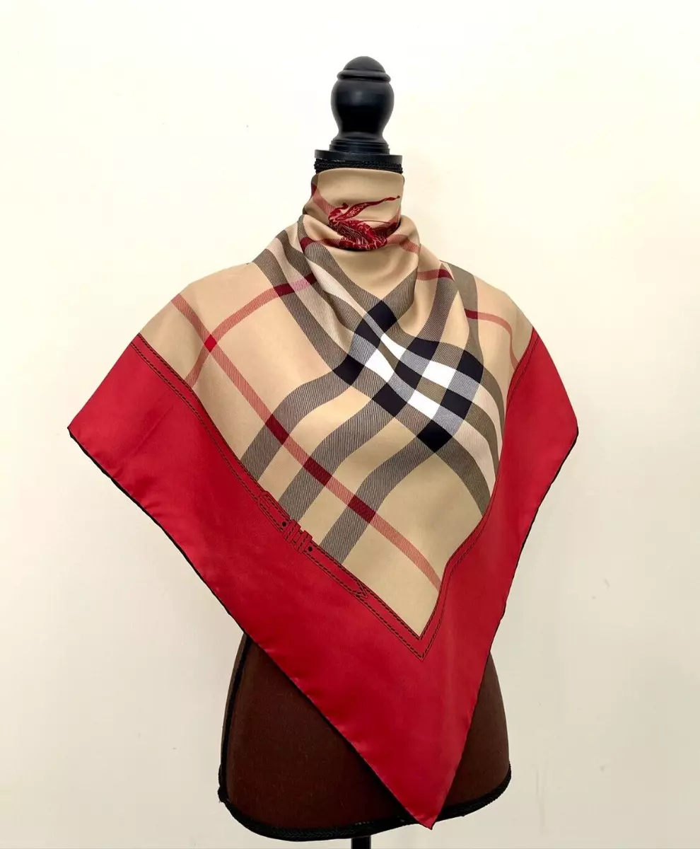 New Burberry Scarf House Check Beige Red Border Logo Silk Wrap eBay