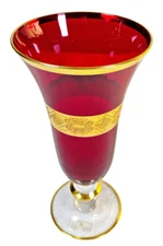 Interglass Italy Red Crystal Champagne Glass, 24KT Gold Accent Trim - Vintage