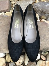 Salvatore Ferragamo Classic Pumps Block Heel Black Suede Evening Shoe Sz 9.5 AA