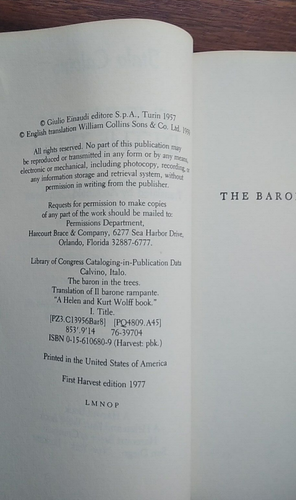 Italo Calvino Der Baron in den Bäumen Ernte Bücher USA Taschenbuch 1977 - Bild 4 von 4