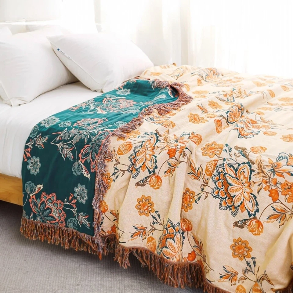 NEW Anthropologie Boho Floral Orange Teal Throw Blanket Bedspread Quilt 80 x 90 - Image 3 of 4