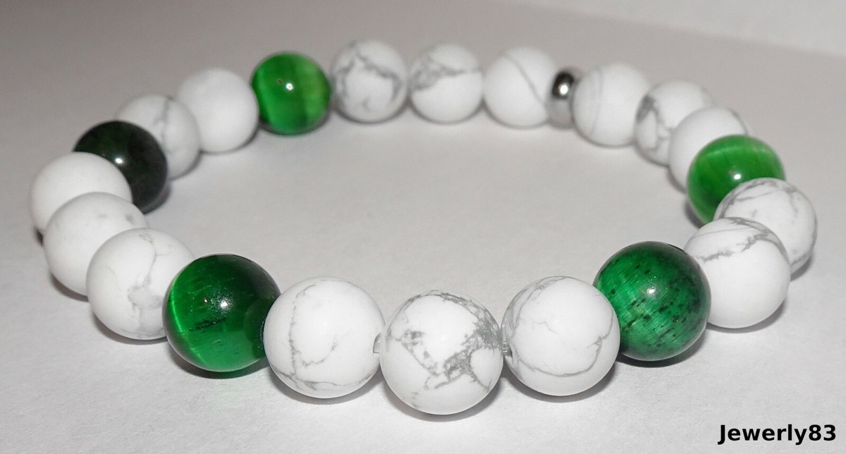 2 Bracelets Perles Naturelles Oeil Du Tigre Et Howlite Blanche - Style Tibétain