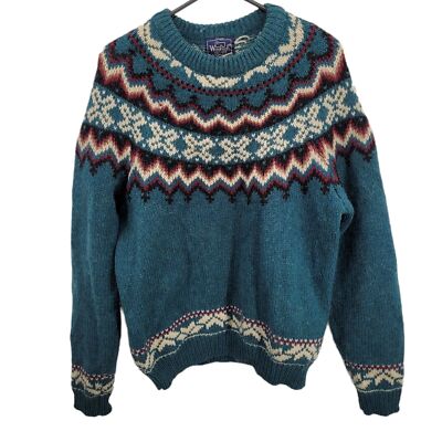 Woolrich Womens Large Vintage teal blue fair isle Wool blend