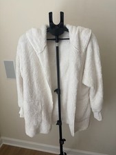 White Hooded Fleece Cardigan Hoodie w/ Pockets Women's S Cozy Solid
