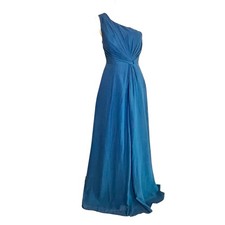 NWT Blue One Shoulder Evening Gown Ruched Chiffon Prom Bridesmaid Dress S MOB