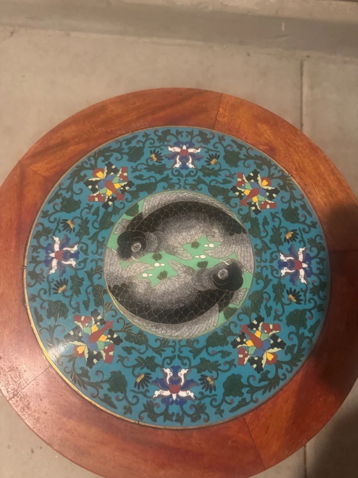 Vintage Chinese Cloisonne Koi Fish Rosewood Tea Table - Image 4 of 4