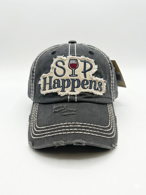  Sip Happens Wine Embroidered Distressed Baseball Hat Cap Faded Black Gray Graph