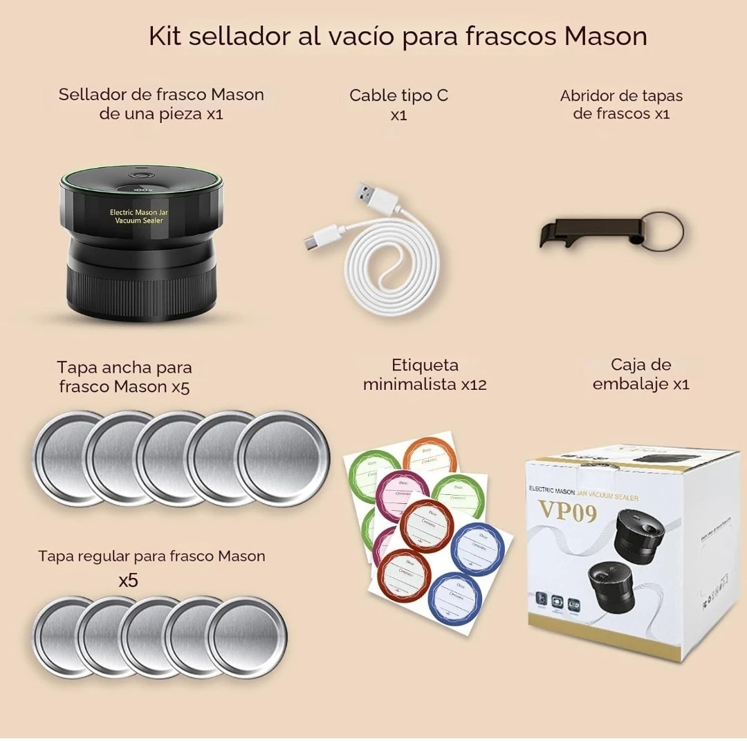 Electric Vacuum Sealer Kit VP09 for Mason Jars w/ Lids, Opener, Type-C Cable
