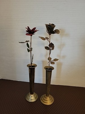 Ted Arnold Vintage Brass Red Rose in Bud Vase Set of 2 (One Red/green One Brass)