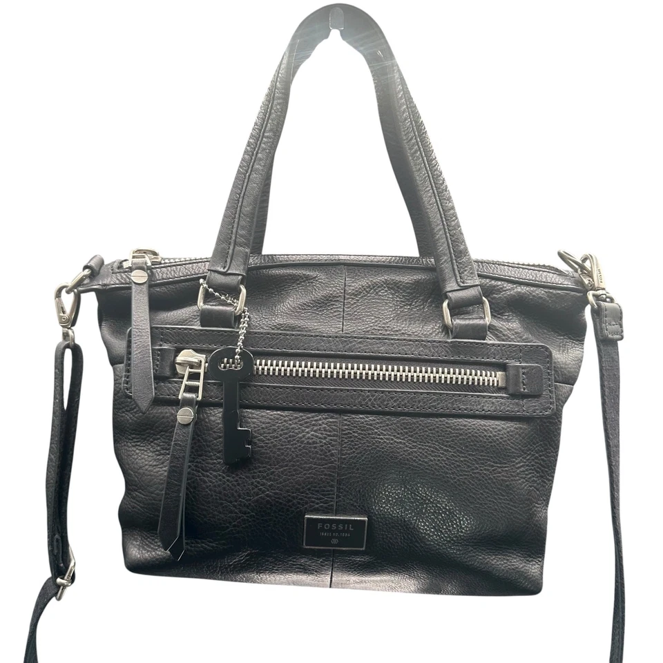 Fossil Black Pebbled Leather Satchel Crossbody Bag Silver Hardware Key Charm - Image 2 of 4