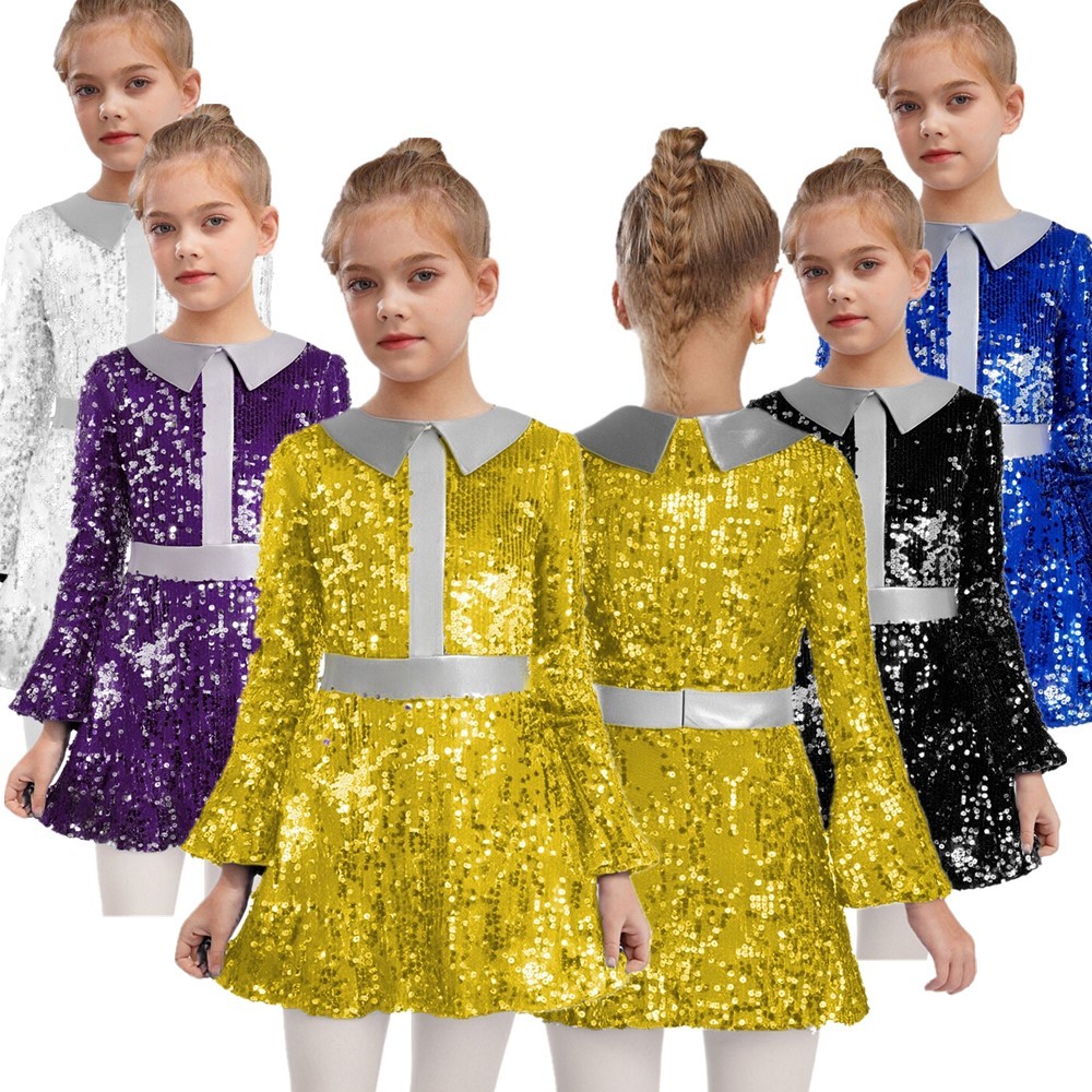 Girls Costume Singer Dress Stage Skirt A Line Sequins Built-In