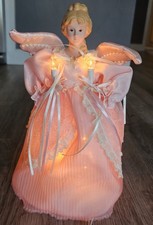 Vintage Lighted Winter White & Pink  Porcelain Angel Tree Topper Pearls Wings