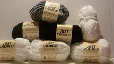 Lot Of 5 Skeins- Premier Just Chenille 65 Yards Each- 3 White; 2 Black, 1 Gray