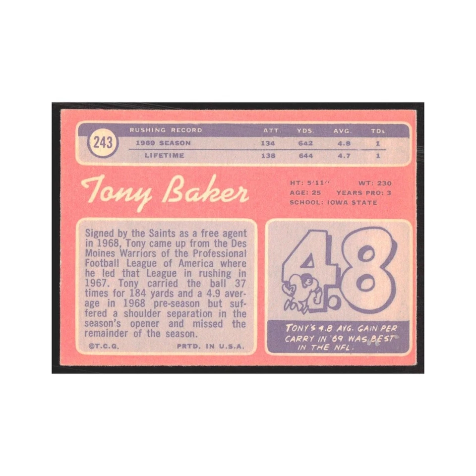 1970 Topps Tony Baker Saints #243 - Image 2 of 3