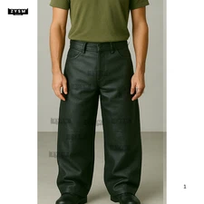 Men’s Black Real Leather Pants-Streetwear Baggy Trousers-Oversized Leather Pants