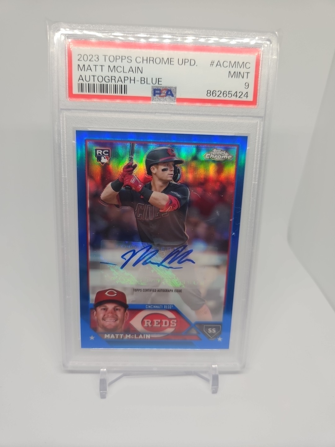 Matt McLain RC 2023 Topps Chrome Update Blue Refractor Auto /150 PSA 9