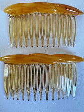 Vintage Faux Tortoiseshell Hair Combs Pair Amber Swirl Celluloid Lucite 2.25"