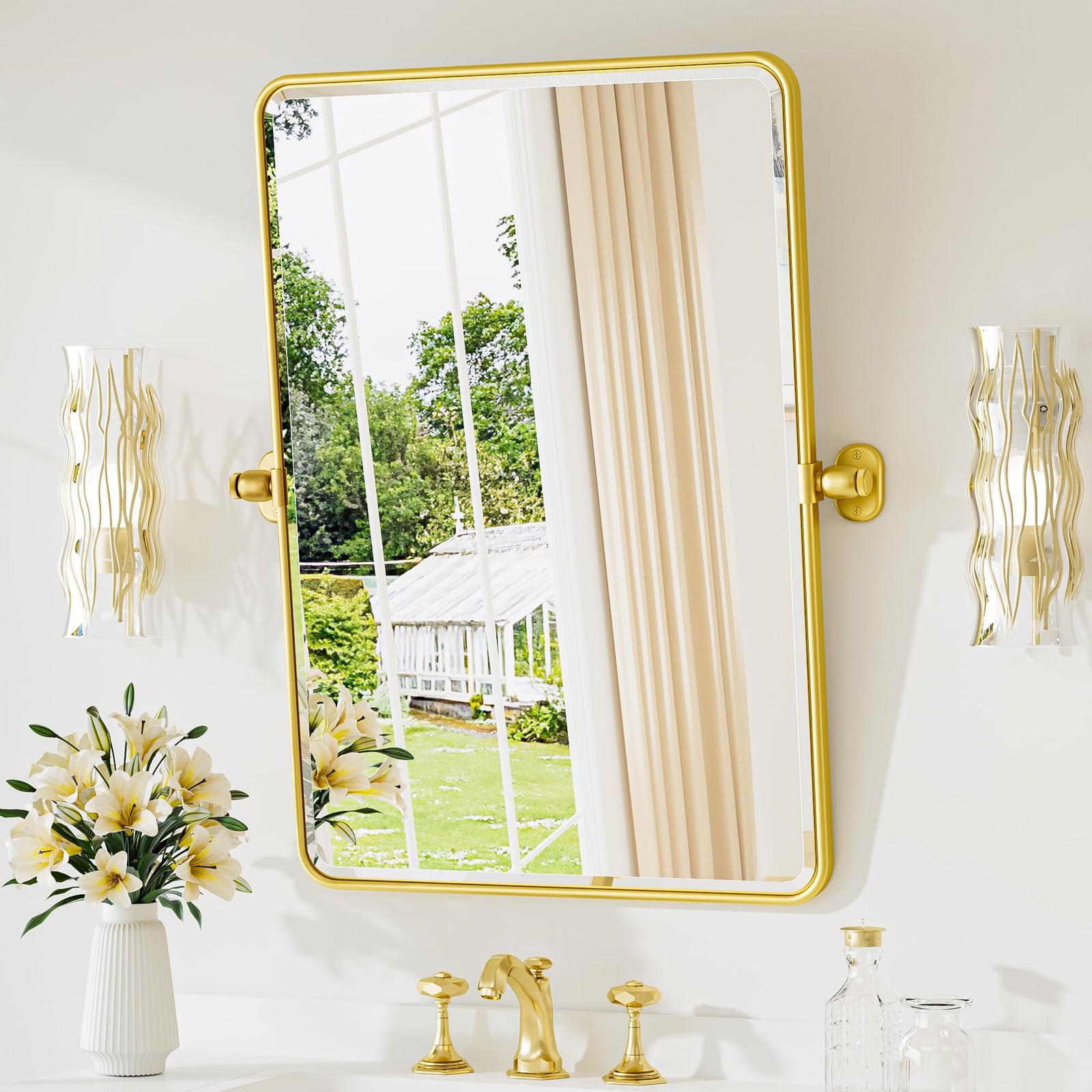 Pivot Mirror for Bathroom 20 x 30 Glossy Gold Tilt Rectangle Metal Framed Van...