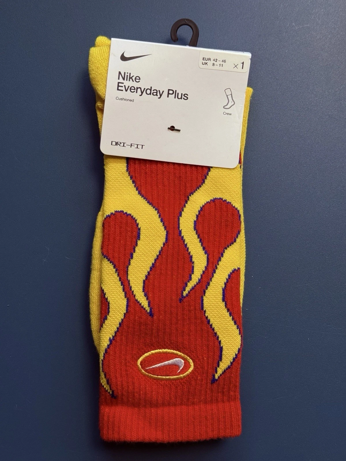 Nike Everyday Plus Dri-Fit Flames Crew Socks Black Tour Yellow Sz L Mens UK 8-11
